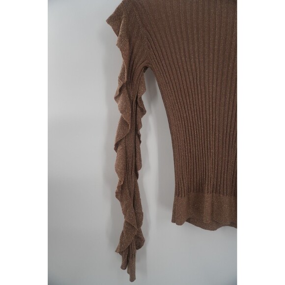 Joie Beza Shimmer Knit Sweater Gold Brown Metallic Ruffle Ribbed Top Size XS - Picture 8 of 12